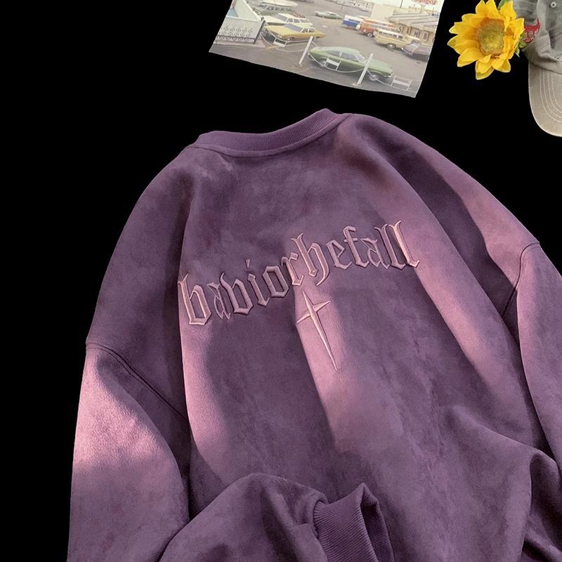 Unisex Purple Embroidered Sweatshirt - Autumn/Winter Trendy Round Neck