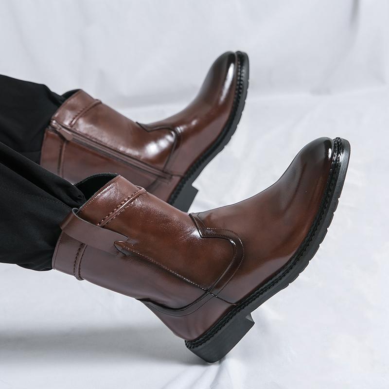 Men’s Western Cowboy Boots Pointed Toe Motorcycle Boots Black Brown Casual Retro Dress Zipper Leather Men’s Shoes Plus Size