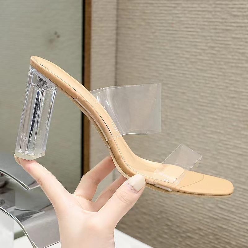 Cool slippers outer thick heel summer 20 high heel transparent one-word slippers crystal and half drag cool slippers women