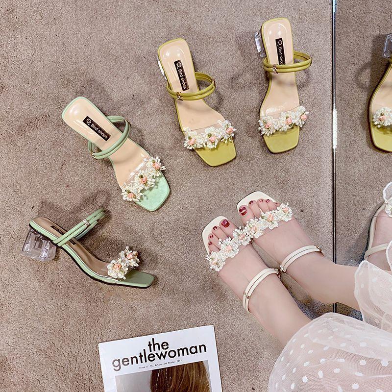 Flower open-toed women's cool slippers women's outer wear 2025 summer new mid-heeled sandals women's thick heel with slippers