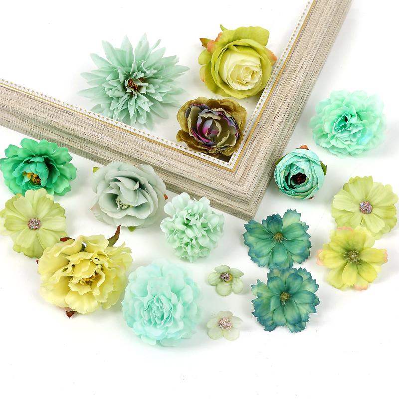 Green Rose Artificial Flowers Heads Silk Fake Flower for Home Room Decor Marriage Wedding Decora DIY Craft Wreath Gift Accessory