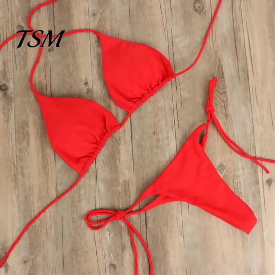 Lady Swimwear 2 Pcs/Set Bikini Set Solid Color Halter Neck Women Swimsuit Strap Thong for Beach
