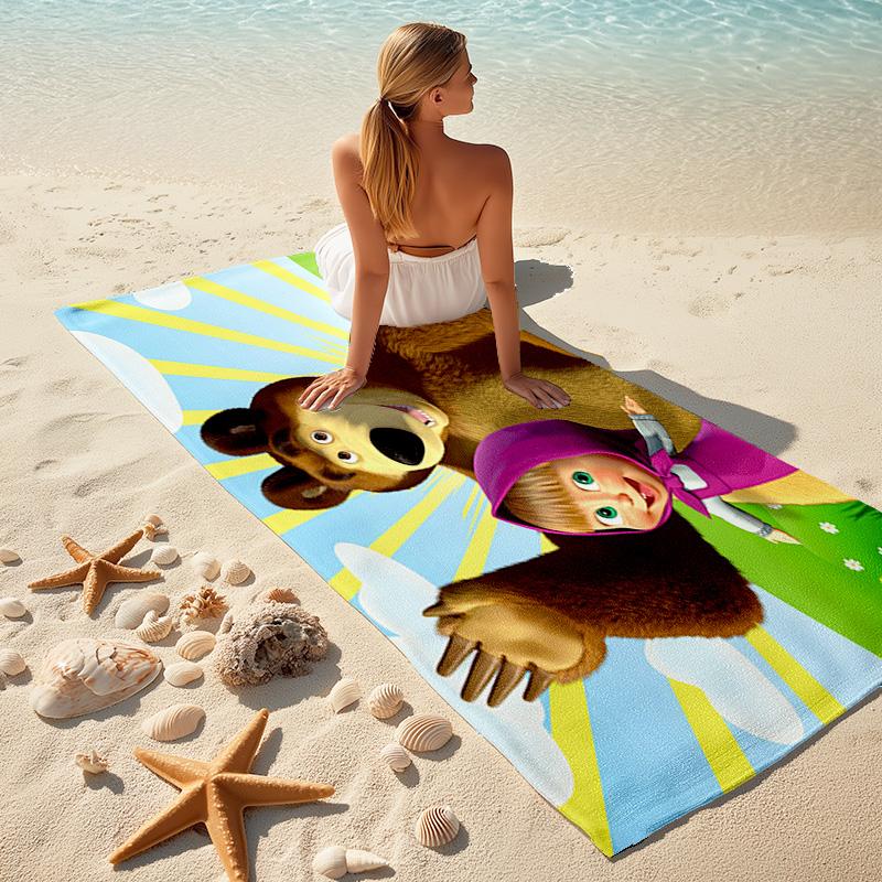 Fairy Tale Cute Cartoon Masha and the Bear Beach Towel, Outdoor Camping Beach Towel for Vacation Swimming, Outdoor Pool, Absorbent Bath Towel, H8