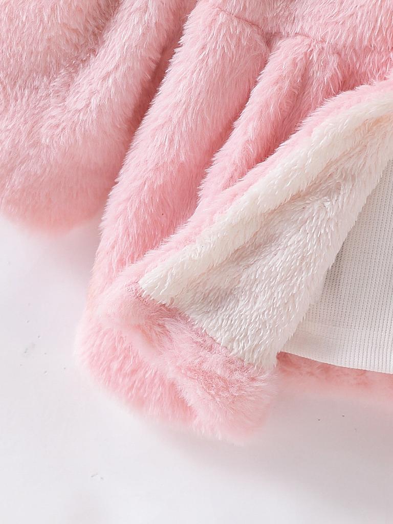 Baby girl's pink hooded plush coat for autumn and winter, thick and made of faux rabbit fur, a short plush cardigan for outdoor wear