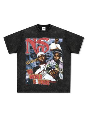 Blockbuster High Street Vintage Hip Hop Nas Short Sleeve Bottom Shirt Cotton T-Shirt Vintage Loose Washed Top Print