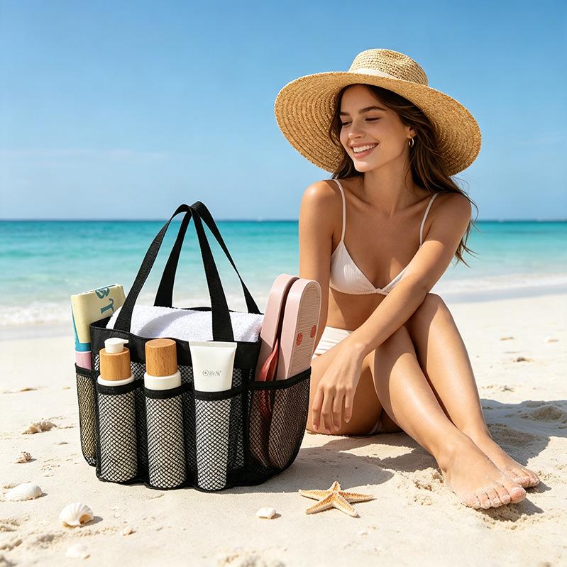 Mesh Beach Bag Storage Bag One Shoulder Hand-held Travel Wash Bag Multifunctional Breathable Hollow Storage Bag