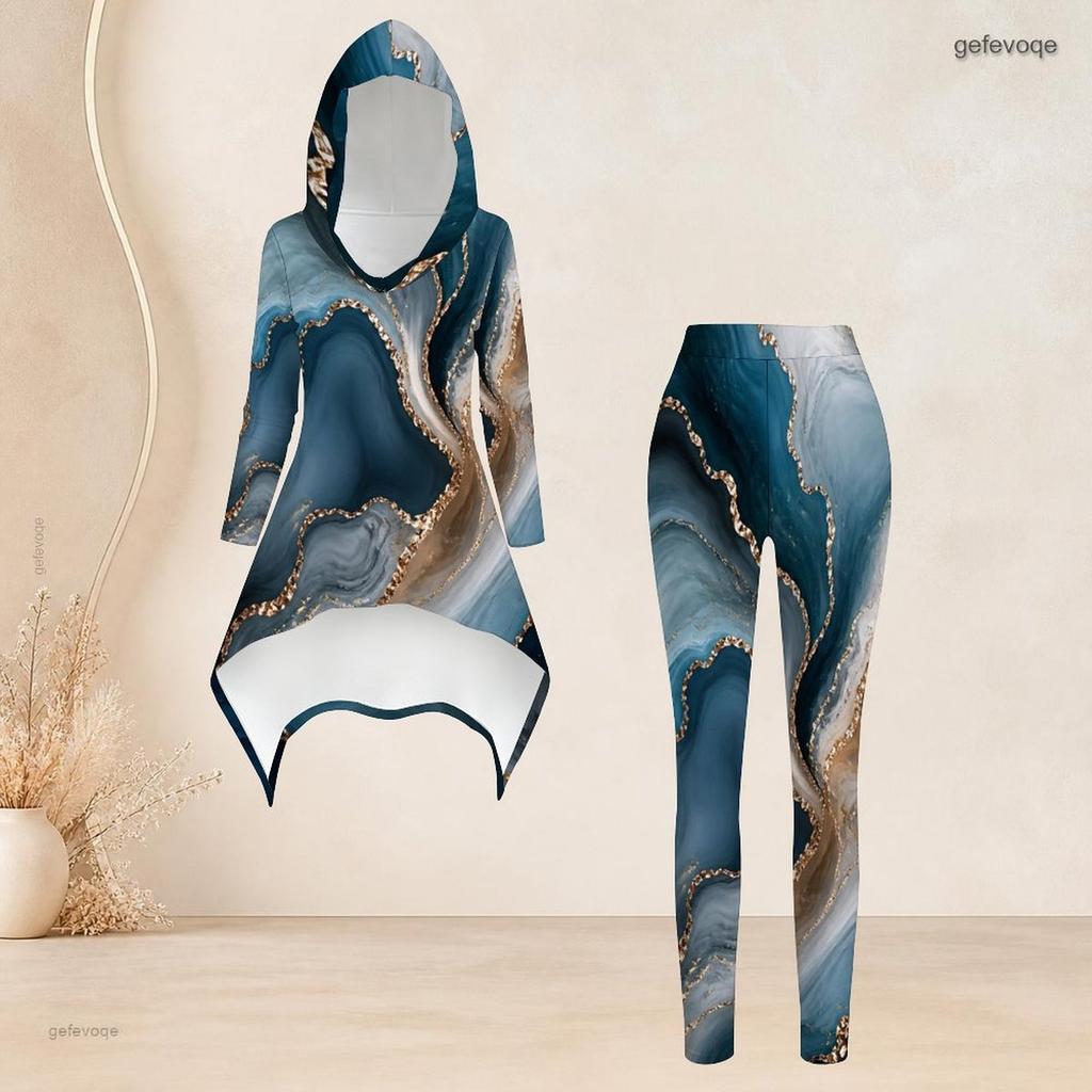 Women Plus Size Hooded Long Sleeve High Low Printed Top Fitted Pants Two Piece Set
