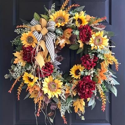 Couronne de tournesol du Village aux fleurs sauvages: Décoration de porte Récolte d'automne pour Thanksgiving