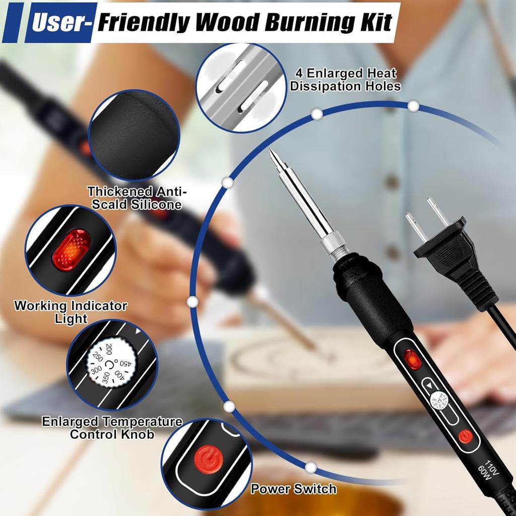 Wood Burning Kit, 163 Pcs Wood Burner Tool Kit with Letters and Numbers, Pyrography Pen with Adjustable Temperature Control Various Tips Stencils,