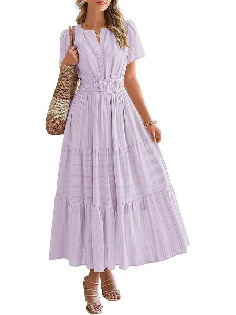 2025 Trendiges V-Ausschnitt Gerafftes Puffärmel Damenkleid