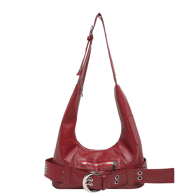 Retro Luxury Belt Buckle Shoulder Bag, Y2k Hot Girl Motorcycle Bag, Fashion Rivet Large Capacity Handbag Crossbody Dumpling Bag