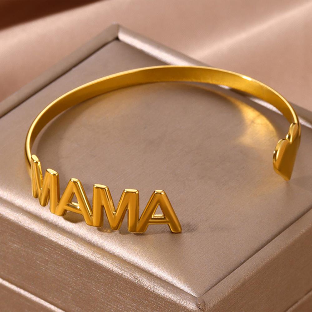 Elegant Mama Letter Heart Cuff Bangle For Women Charm Gold Color Stainless Steel Opening Bracelets Mother's Day Jewelry Mum Gift