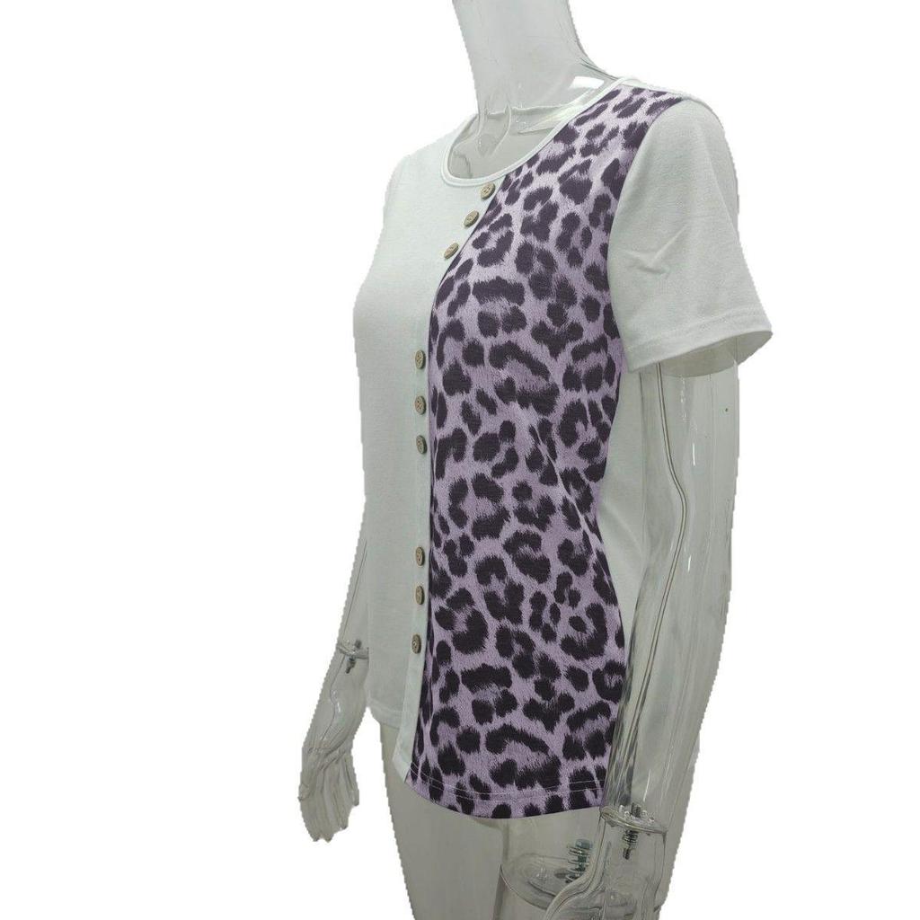 2025 European Leopard Print Women’s Elegant Short Sleeve Round Neck T-shirt - Casual Spring/Autumn