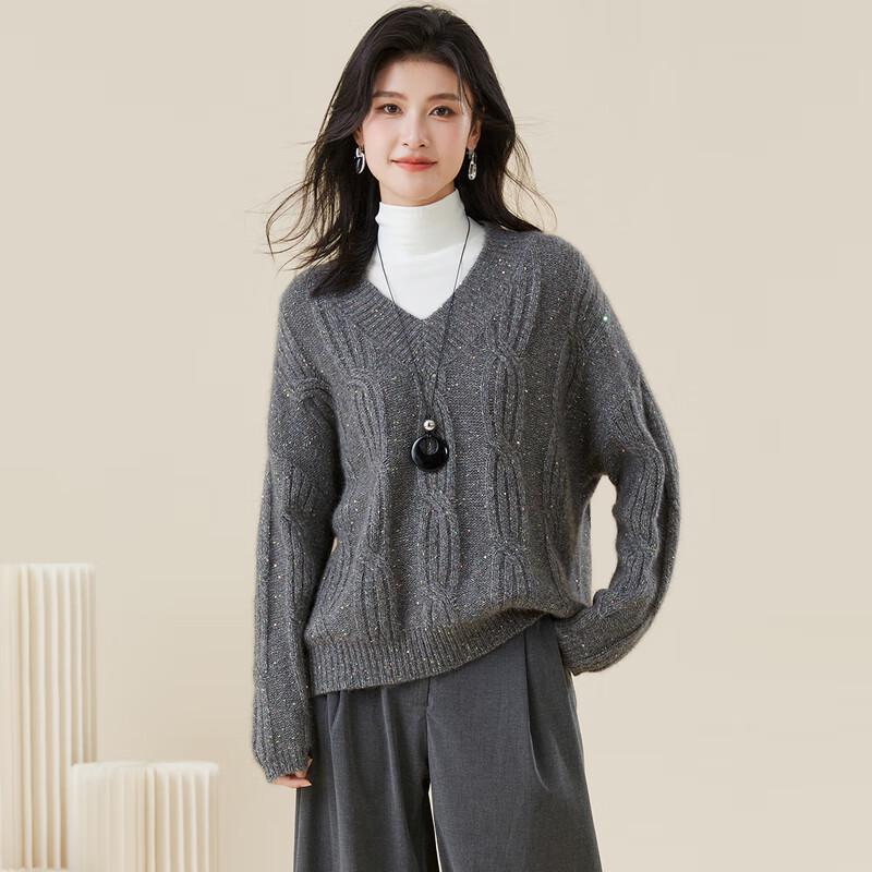 Women s Thick V-Neck Cable Knit Wool Blend Sweater One Size