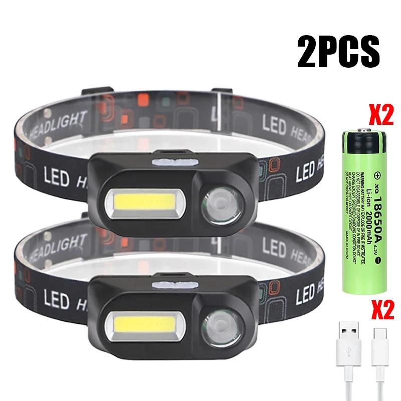 Powerful COB+LED Headlamp 18650 2000MaH Rechargeable Headlight Waterproof Head Lamp Bright Head Flashlight for Camping Cycling