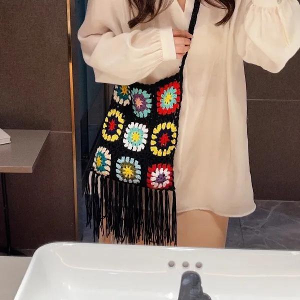WTEMPO Ethnic Style Hollow-out Woven Retro Casual Versatile Single Shoulder Bags Large Capacity Women's Travel Shopping Message Bags
