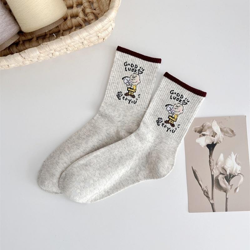 Cartoon Puppy Mid-calf Socks for Women with Contrasting Color Edges, Men and Women Wear Pure Cotton Retro Trendy Socks