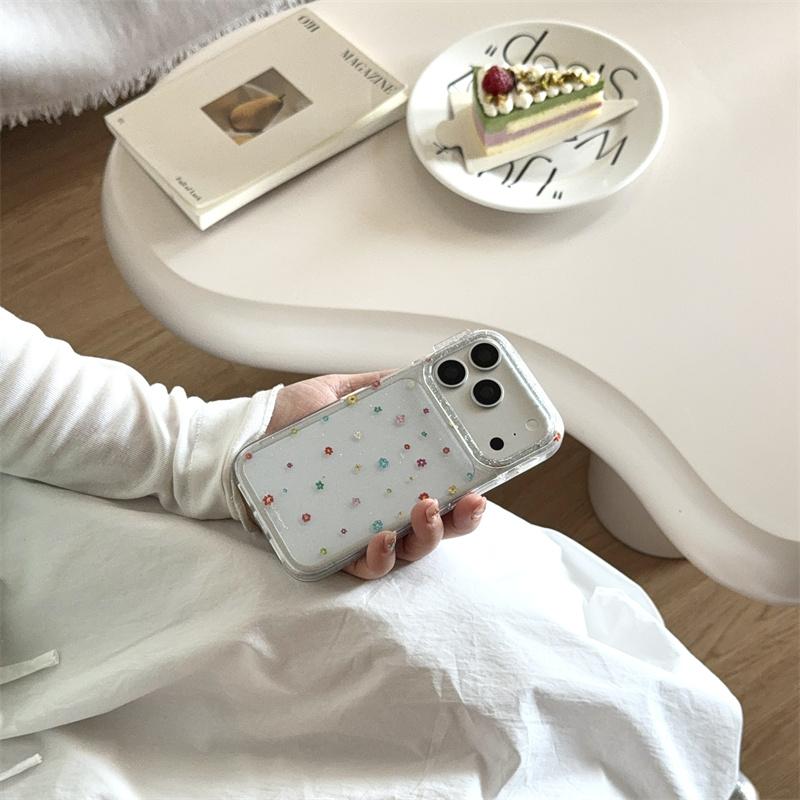 Kawaii Colorful Tiny Floral Glitter Clear Phone Case For iPhone 14 15 16 17 Pro Max INS Cute Large Window Shockproof Cover