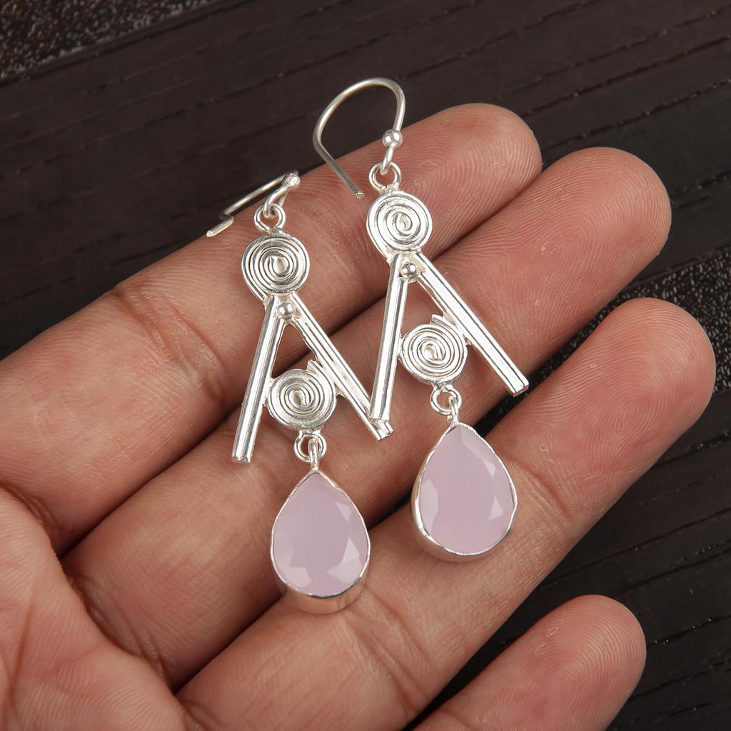 Rosenchalcedon Edelstein Ohrringe, Handgefertigter 925er Sterlingsilber Schmuck, Designer Silberohrringe Geschenk für Schwester