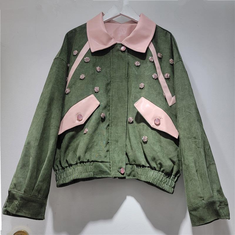 Trendige Retro-Kontrastfarben-Patchwork-Graue Cordjacke Damen, Neuer Trendiger Mode-Mantel