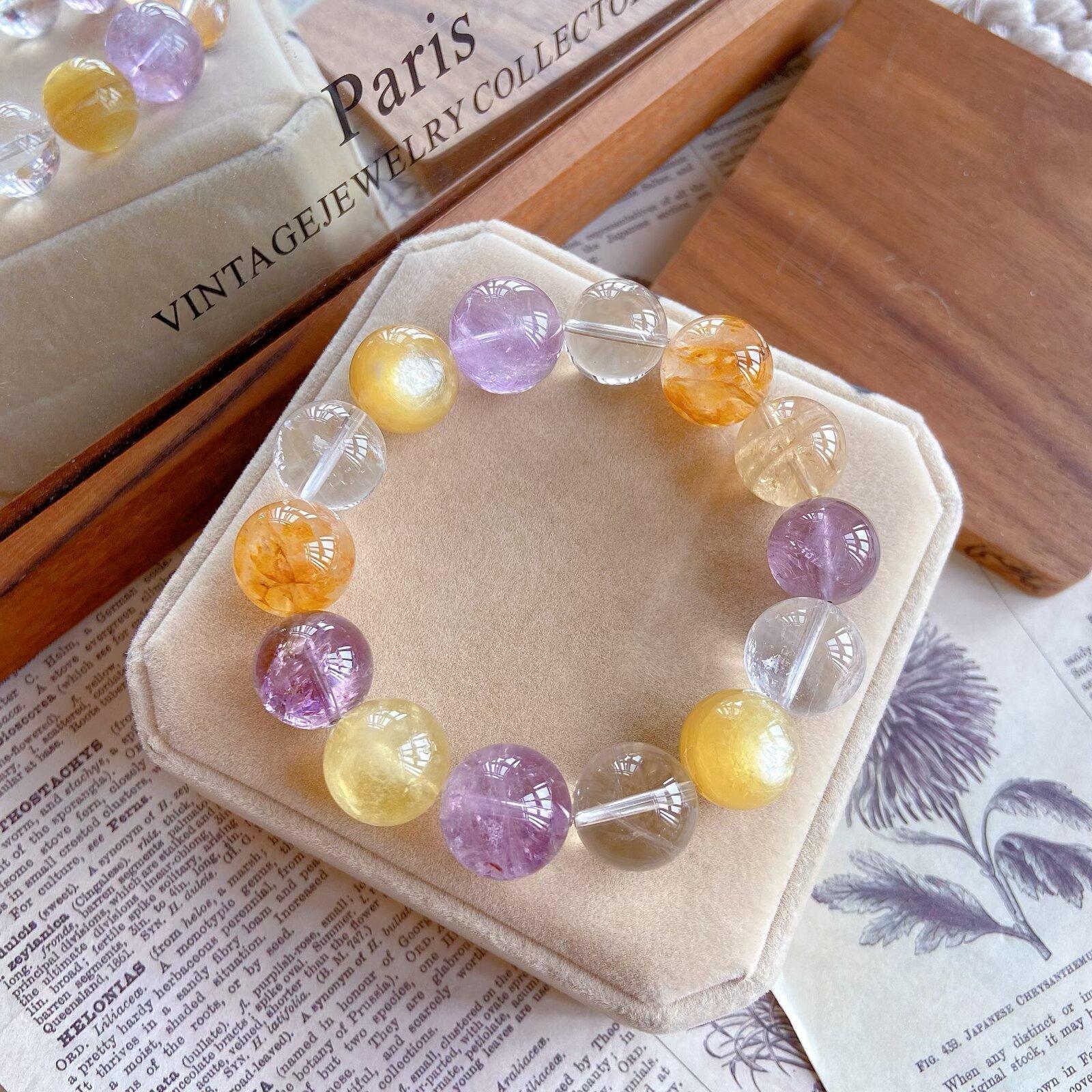 Natural Gold Lepidolite Yellow Glue Flower Amethyst Mixed Bracelet Designer Style DIY Beads Bracelet 12-14mm