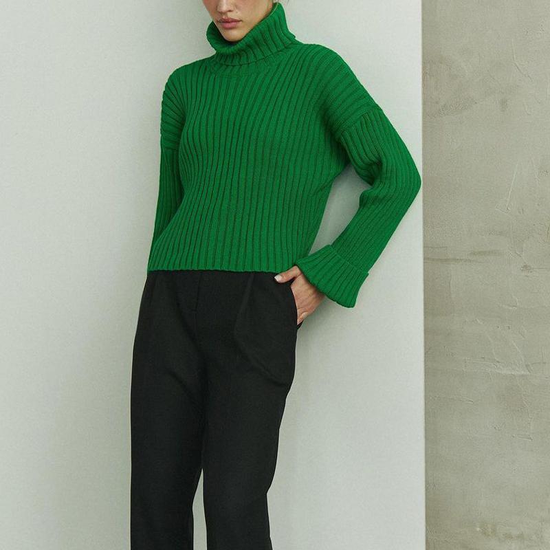 Rollkragenpullover für Damen, einfarbig, gestreift, lässiges Oberteil, verkürzte, ausgestellte Ärmel, Strickpullover