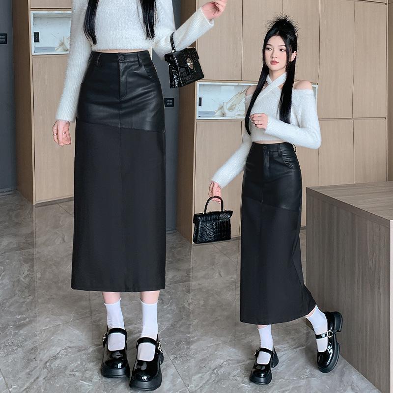 

Elegant Women s Mid-Length Spliced Leather Skirt with Back Slit - High-Waist Autumn/Winter Pencil Skirt Extra Small чёрный
