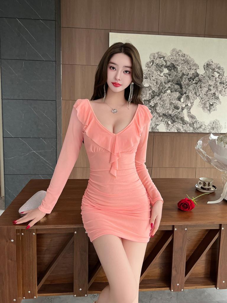 Pure desire sexy longsleeved mesh ruffle edge splicing base hipwrapped short dress women's nightclub overalls