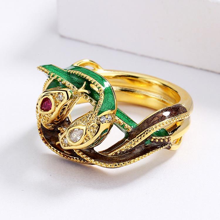 Exotischer Rock Hip-Hop Ring im altägyptischen Stil Doppelter Schlangen-Totem Emaille-Ring