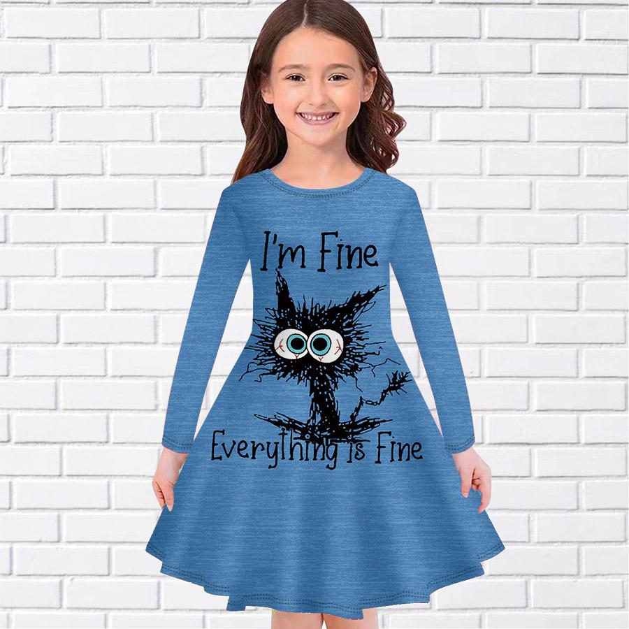Girl Casual Stupid Cat Print Round Neck Long Sleeve Dress Kid Princess Dress