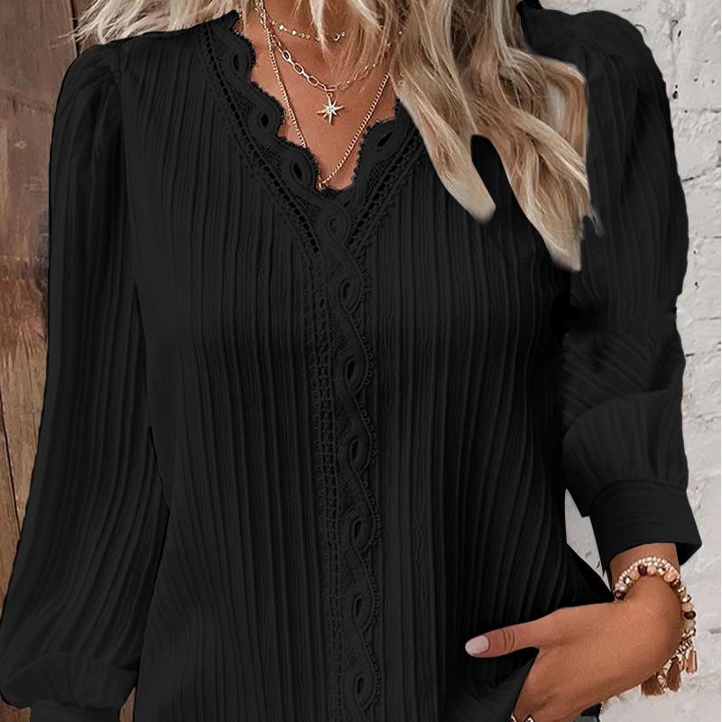 Plus Size Dame V-hals Langermet Bluse Blondekant Skjorte Høst Casual Kontorantrekk Topper