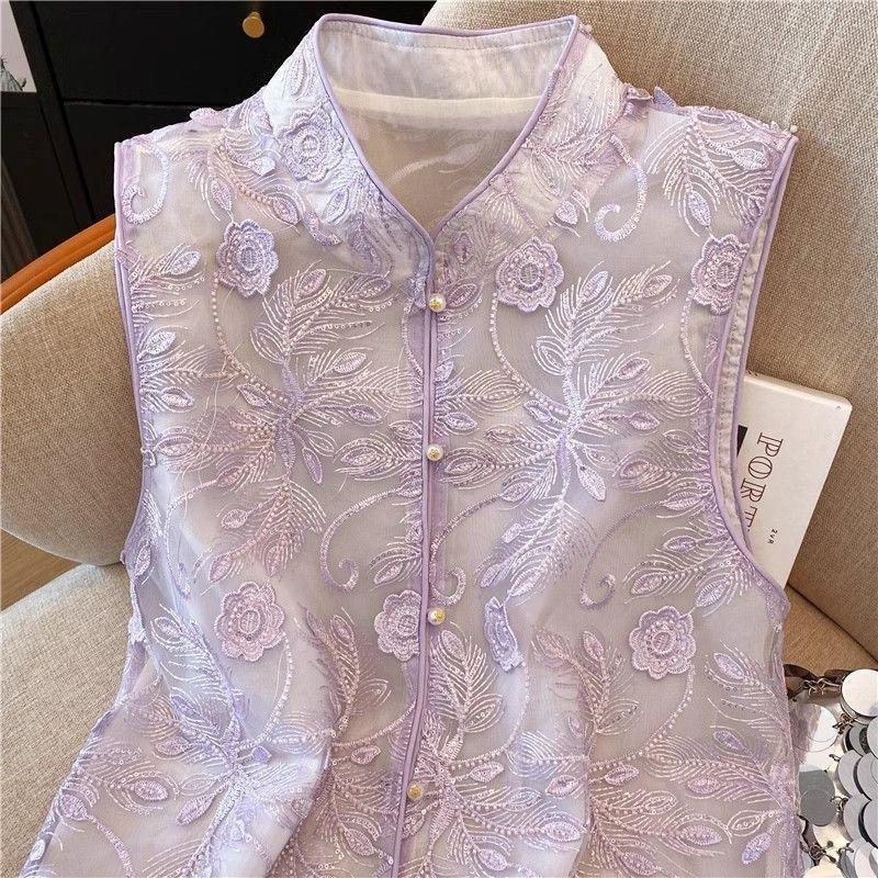 Sommer Stickerei Spitze Schnalle Mode Organza Neu Retro Weste Dünn