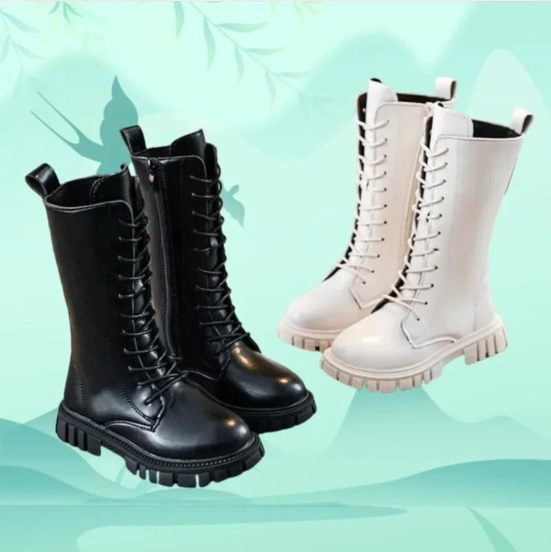 Autumn/Winter Zip Fashion Cool Baby Girls Warm Square Heel Round Toe Casual Lace-Up Comfortable Kids Black Mid Boots Toddler