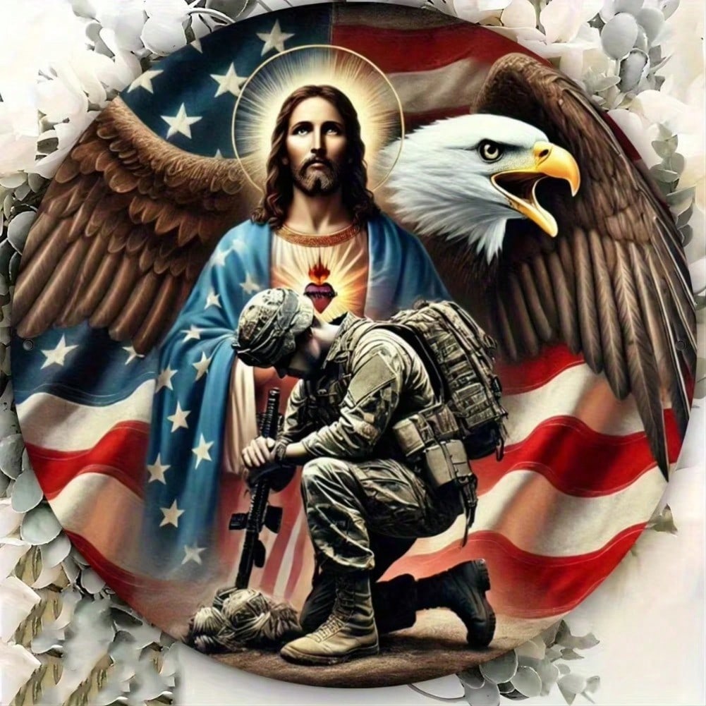 Vintage Tin Sign Patriotic God Bless Military Soldier Jesus Eagle Wall Art Durable Metal Poster Home Decor 2D Print