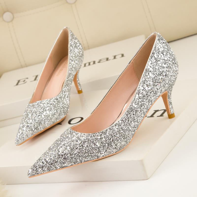 Fashion Sequins Bling Woman Pumps Gold Sliver High Heels Stiletto Pointed Toe Women Heels Wedding Shoes Plus Size 41 Sexy Party Shoes