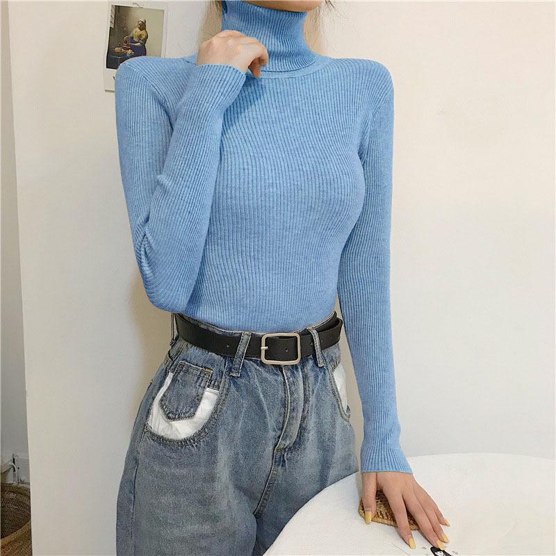 Women's Autumn Winter Long Sleeve High Neck Knit Base Layer Slim-Fit Solid Color Pullover Tight-Fitting Top