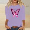 Women's Breast Casual Top with 3/4 Sleeves Round Neck Loose Fit Printed Ribbon Heart Butterfly Pattern for Daily Wear