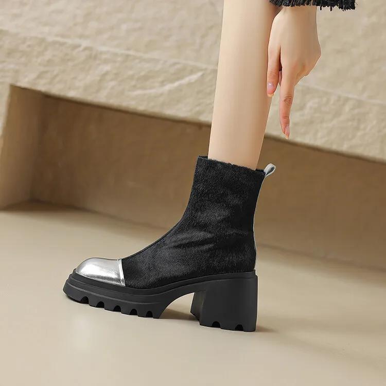 

Fashion 2025 Autumn Leopard Horsehair Women Boots Square Toe Platform Boots for Women Fashion Short Boots Winter Boots Zapatos De Mujer 34