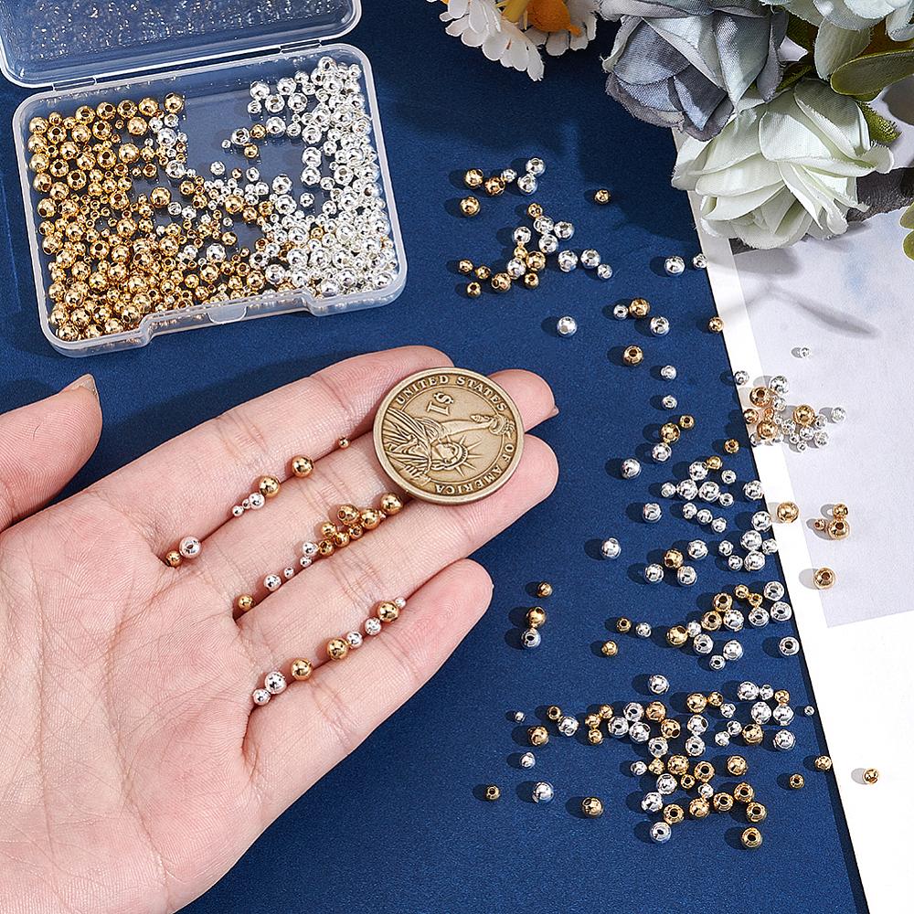600Pcs 6 Styles Brass Beads, Round, Golden & Silver, 2~4x2~4x2~4mm, Hole: 1.5mm