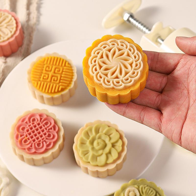 Plastic Hand Pressure Mooncake Mold Cookie Stamps Flower Cherry Pattern Mid Autumn Pastry Decoration Tool Mid-Autumn Festival