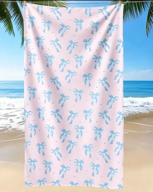 Pink Bow Print Beach Towel, Microfiber Large Sand Free Quick Dry, Cute Coquette Aesthetic, Soft Absorbent Beach Towel Bathroom