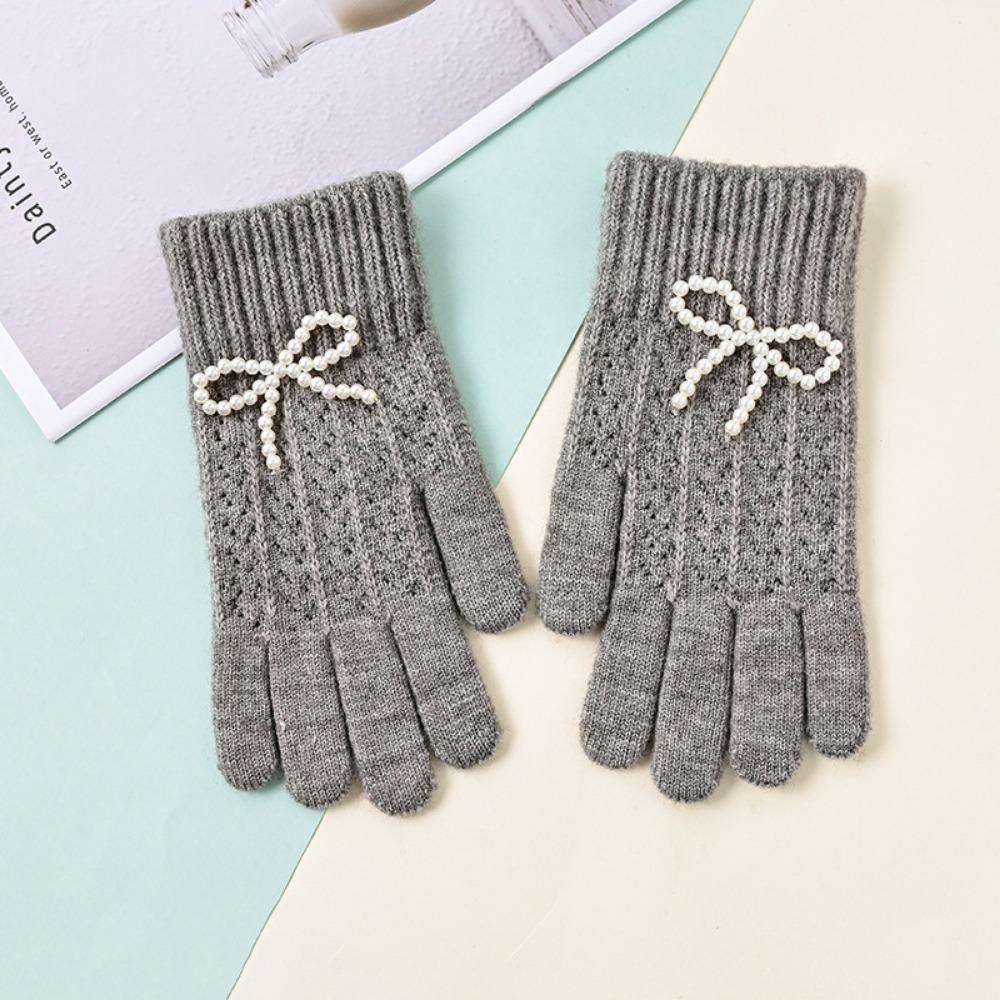 Fashion Pearl Bow Knitted Gloves Kawaii Women Mittens New Warm Fullfinger Gloves