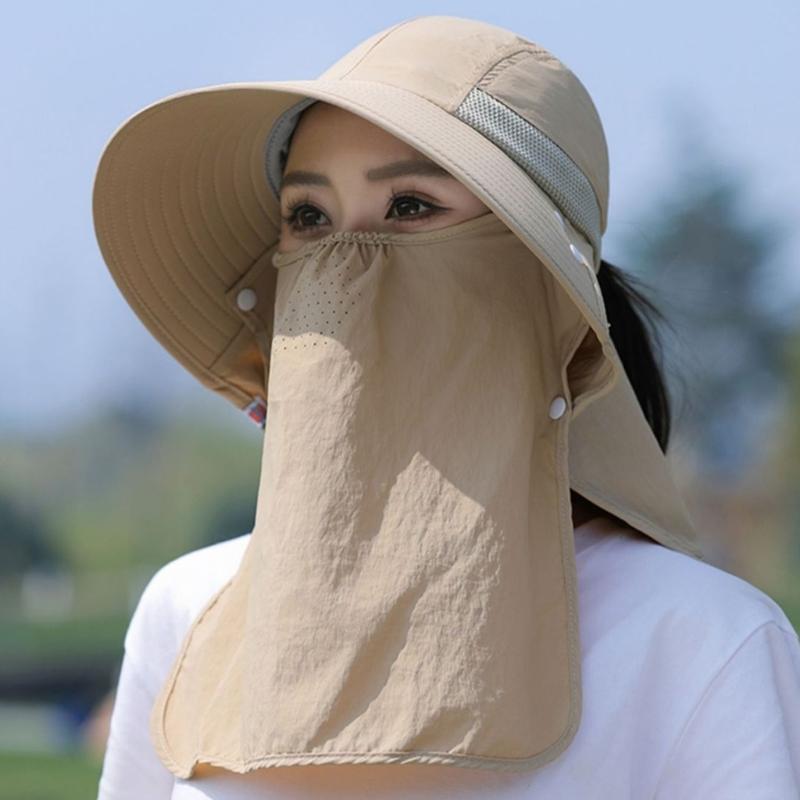 Chapeau Masque Facial Protection Solaire pour Femmes Chapeau de Soleil à Large Bord avec Cordon de Serrage Réglable Chapeau Respirant pour Activité en Plein Air