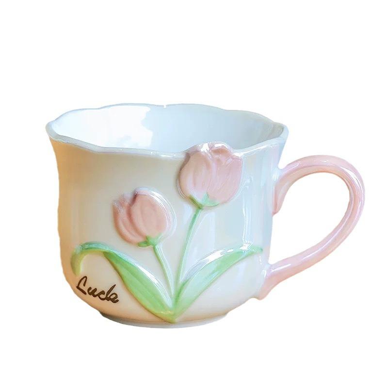 High Looking Underglaze Color Electroplated Tulip Series Ceramic Mug Girl's Favorite Cup Couple Pair Cup Ins Style