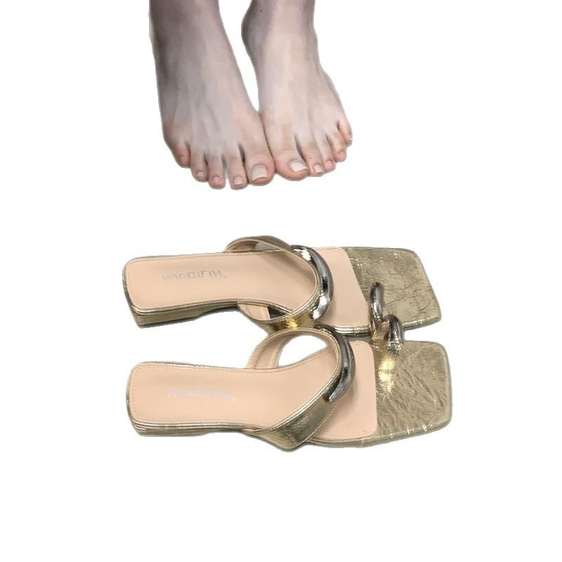 French Thick Heel Metal Buckle Sleeve Toe Slippers Women's Summer Wear Versatile Not Tired Feet Small Slope Heel Beautiful Cool Slippers