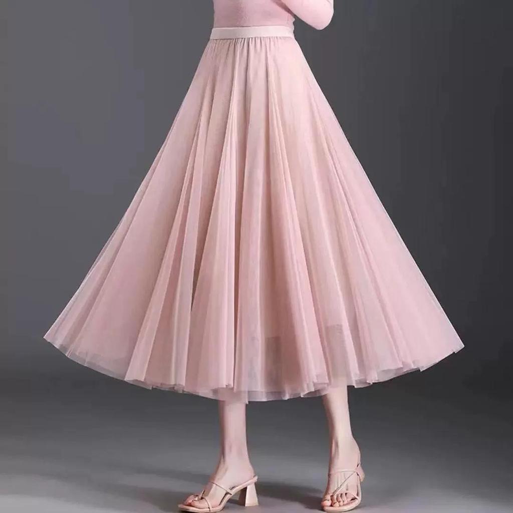 2025 High-Waist A-Line Mesh Skirt: Three-Layer Pleated Fairy Skirt for Spring & Autumn