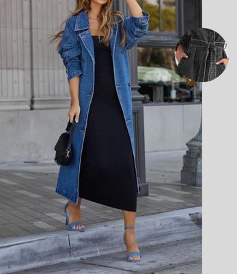 Women's Lapel Long Sleeve Denim Trench Coat Belted Long Jean Overcoat Windbreaker
