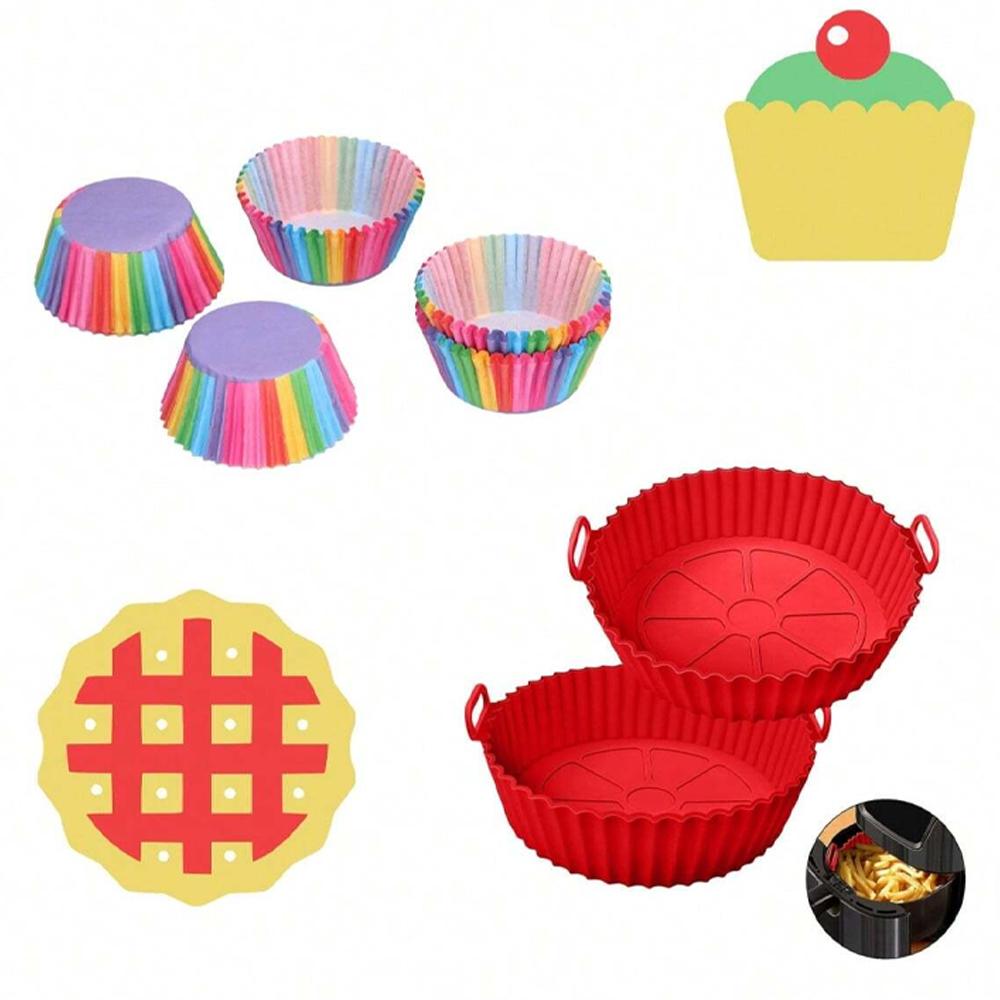 

2 шт. силиконовые вкладыши для аэрофритюрницы, коврики для корзины аэрофритюрницы – многоразовый антипригарный коврик для выпечки и 100 шт. мини-формочек для маффинов
