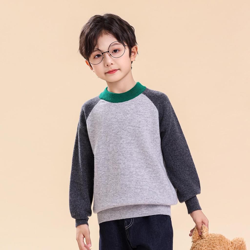 Kids' Patchwork Color Block Wool Sweater - Autumn/Winter Round Neck Pullover for Boys & Girls