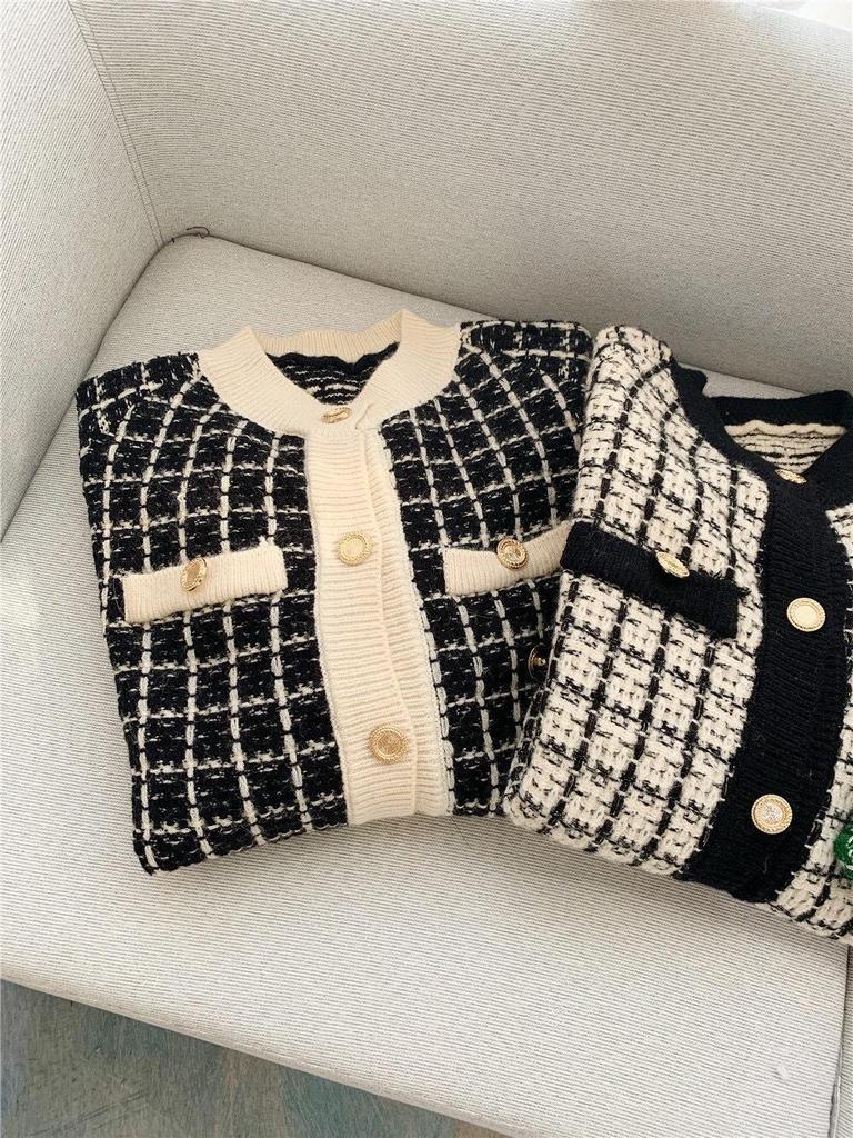 Women's Loose Houndstooth Knit Cardigan - Korean Style, Autumn 2026